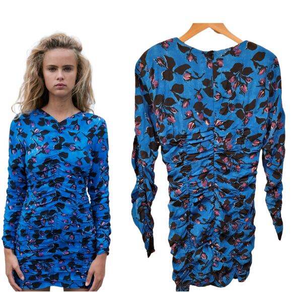 Zara Blue Floral Print Ruched Fitted Long Sleeved Mini Dress - Picture 10 of 12